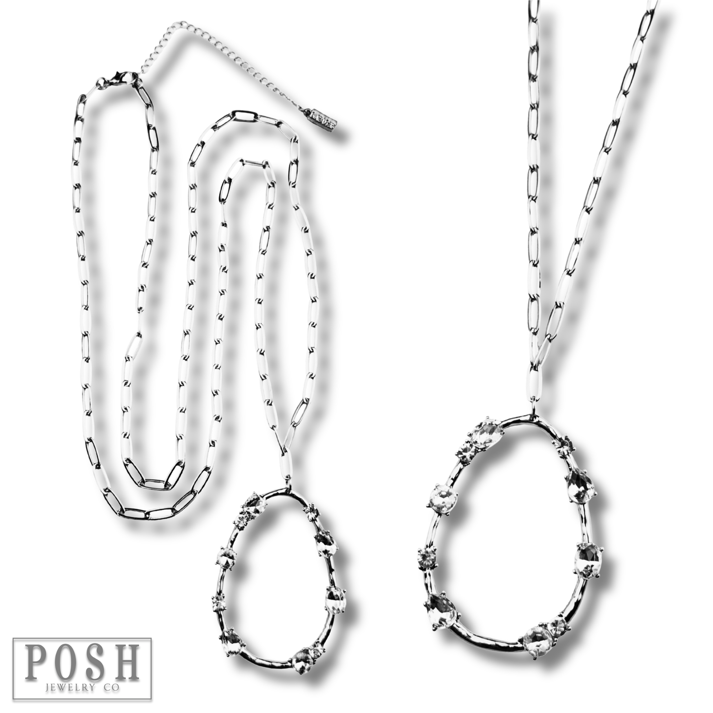 Long chain necklace, rhinestone teardrop pendant, last call
