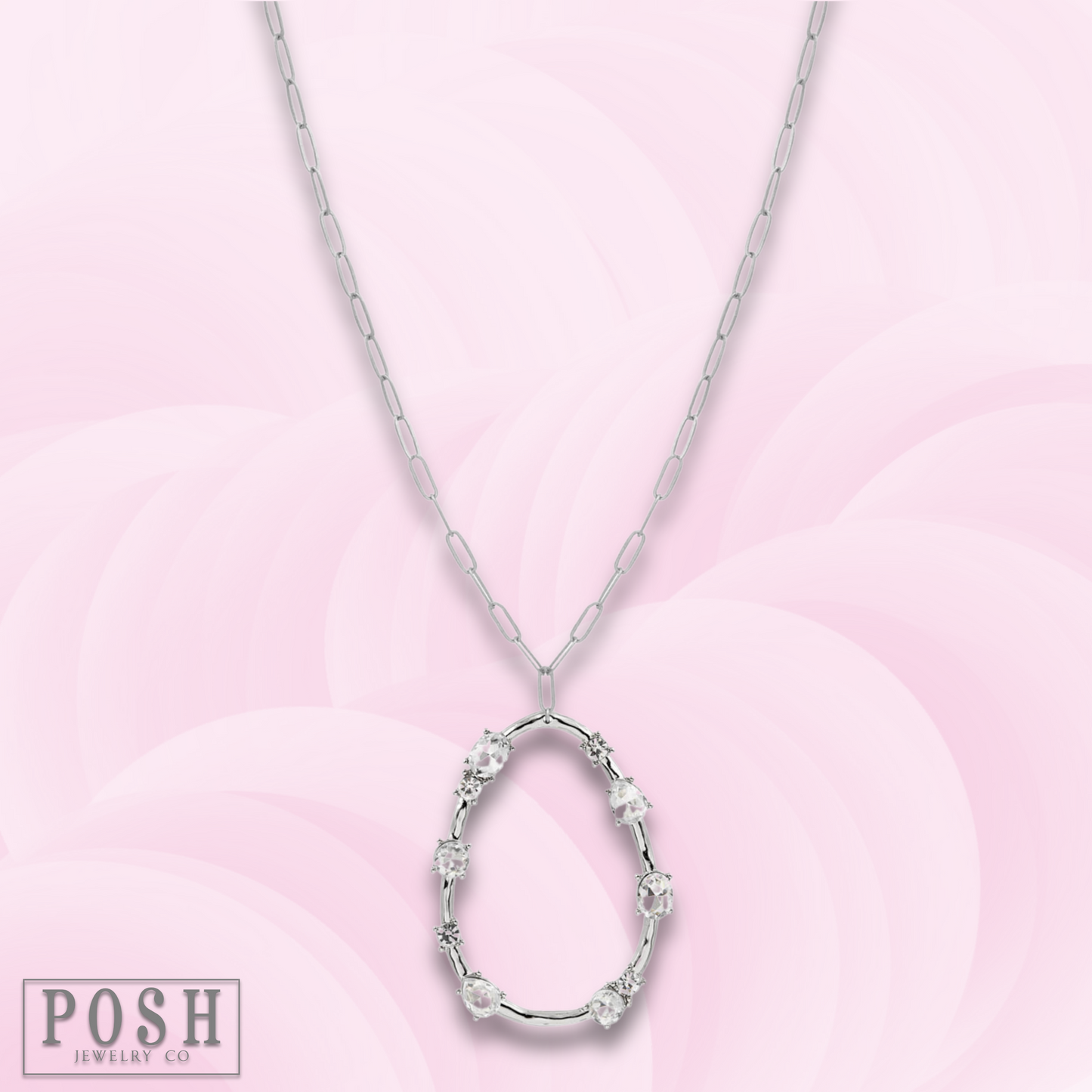 Silver paperclip chain necklace with rhinestone teardrop pendant, last call