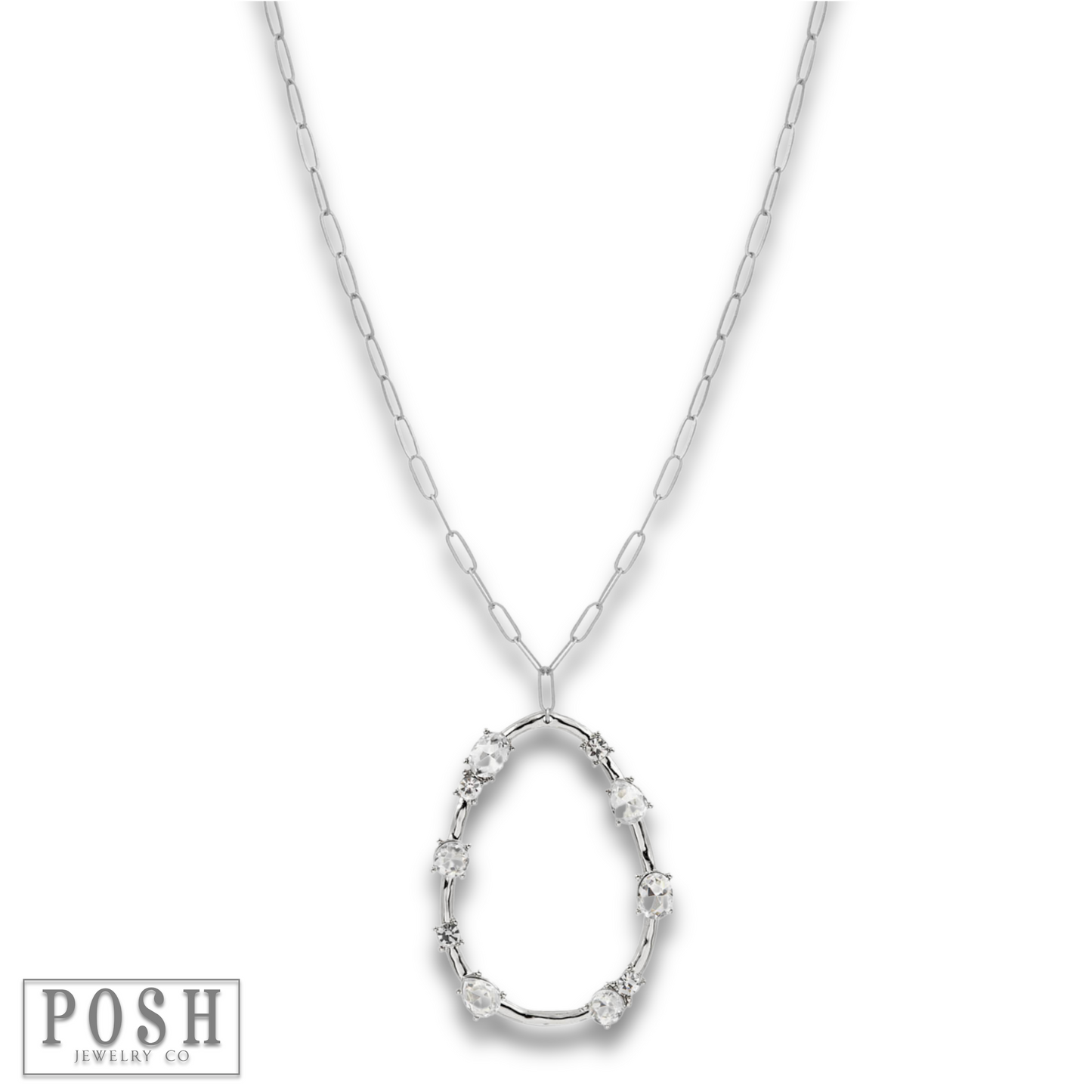 Silver paperclip chain necklace with rhinestone teardrop pendant, last call
