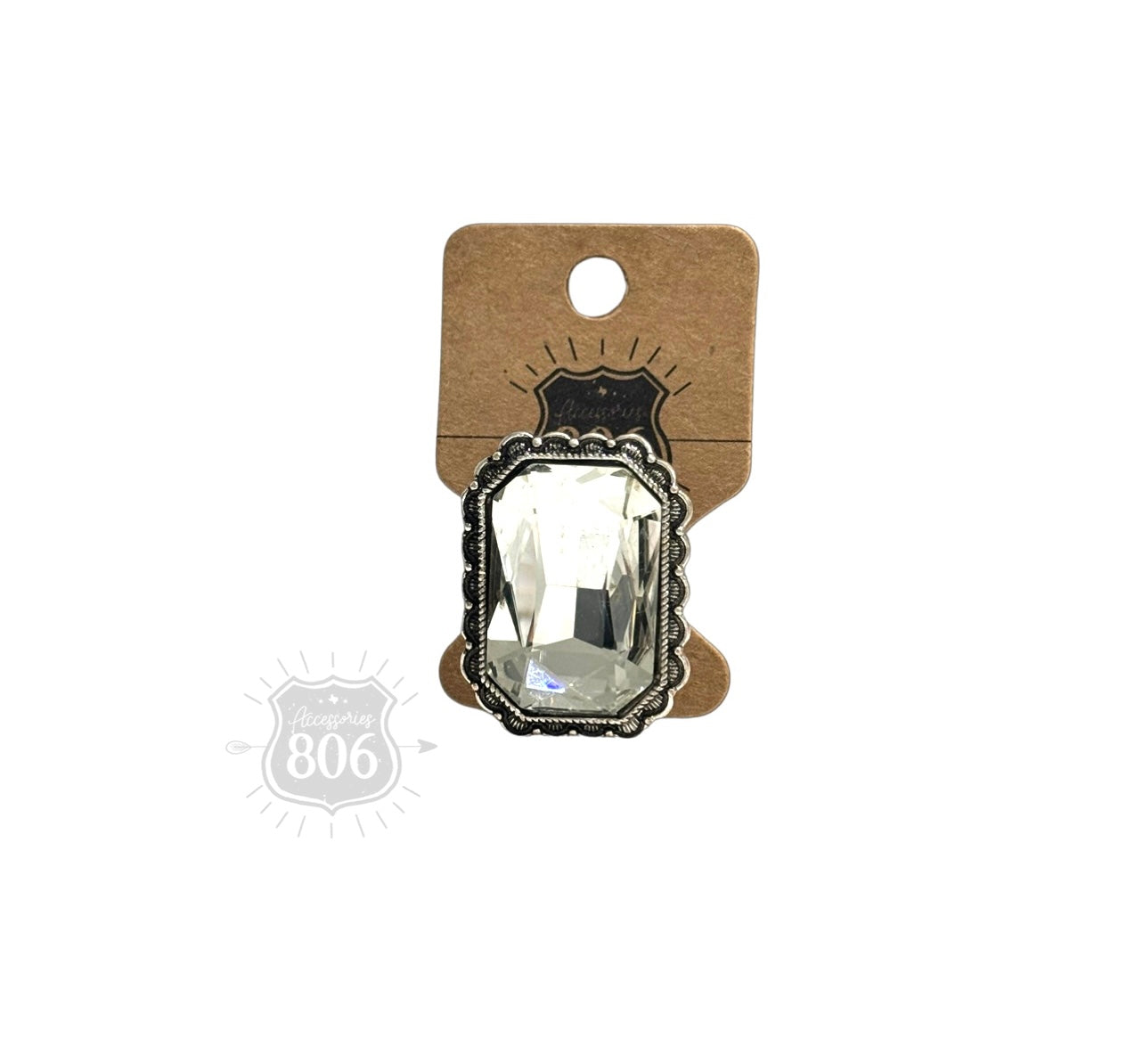 Hexagon silver and rhinestone ring