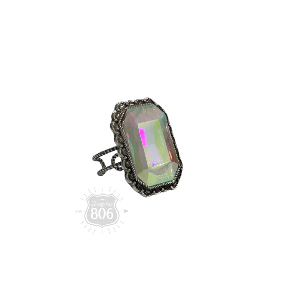 Hexagon silver and rhinestone ring