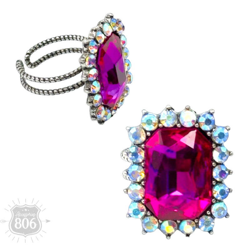Large octagon rhinestone adjustable ring
