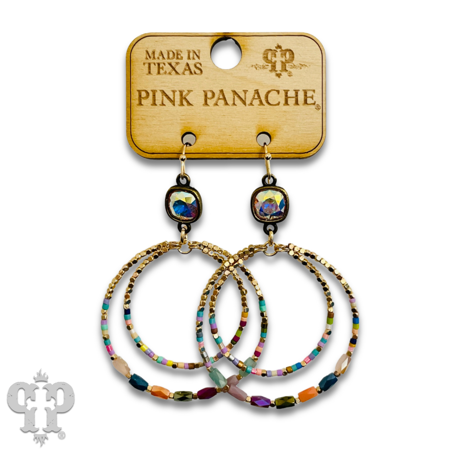 Gold and color-hued bead double circle earring with Austrian crystal