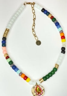 Multi-color necklace, orange teardrop pendant, last call