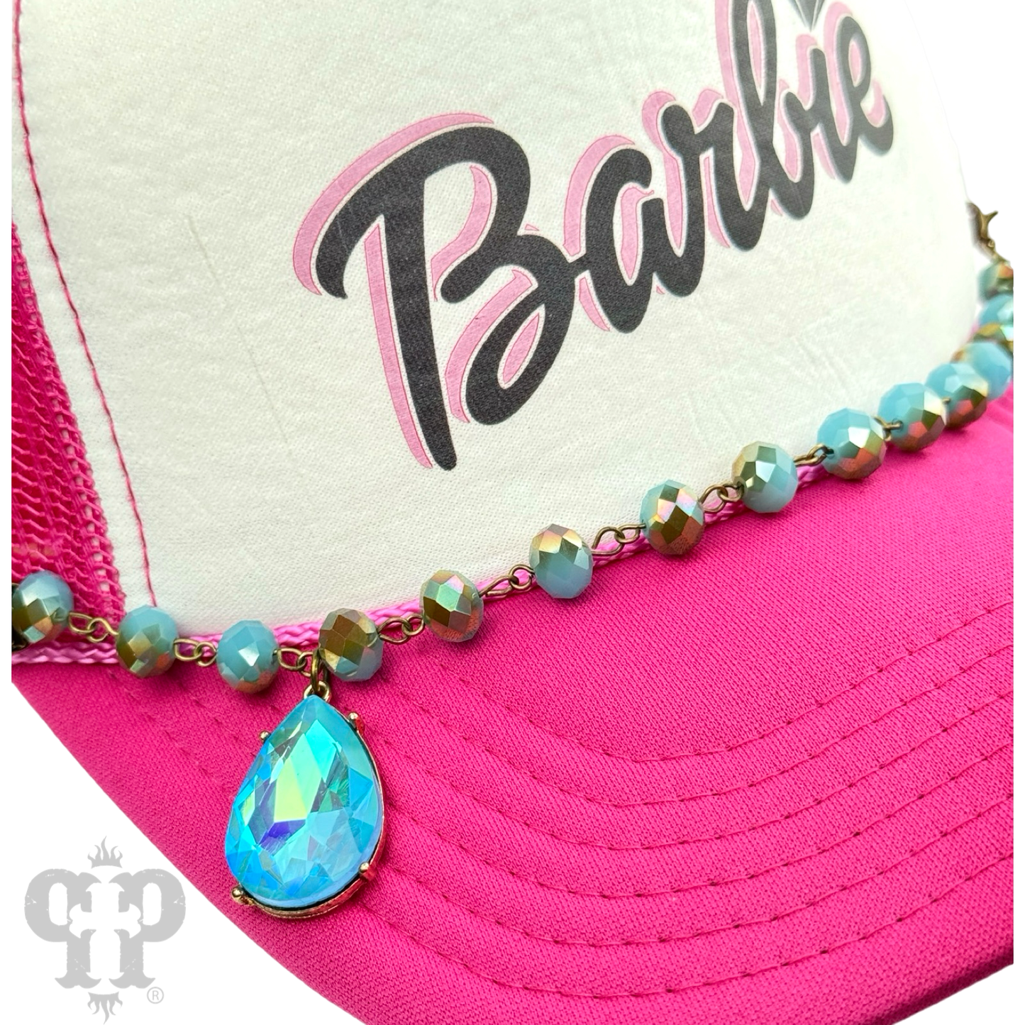 Trucker hat bead chain with large rhinestone teardrop
