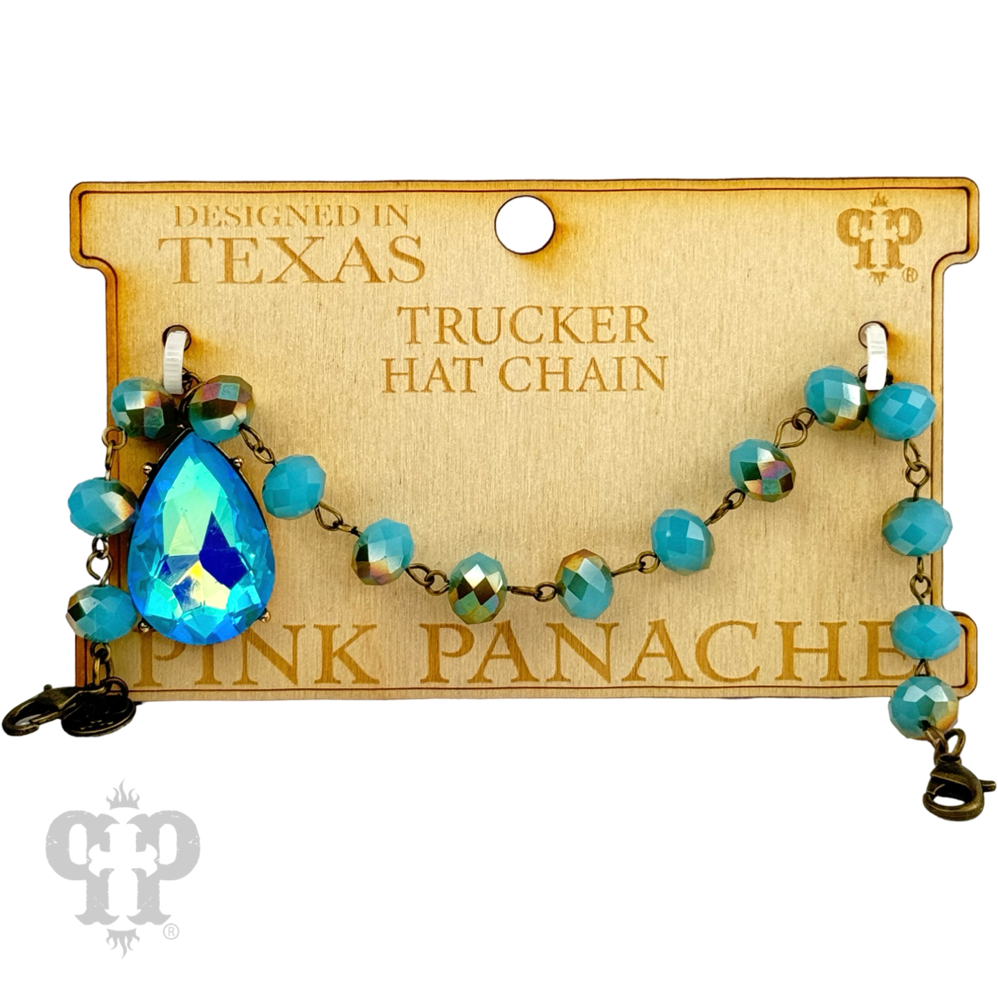 Trucker hat bead chain with large rhinestone teardrop