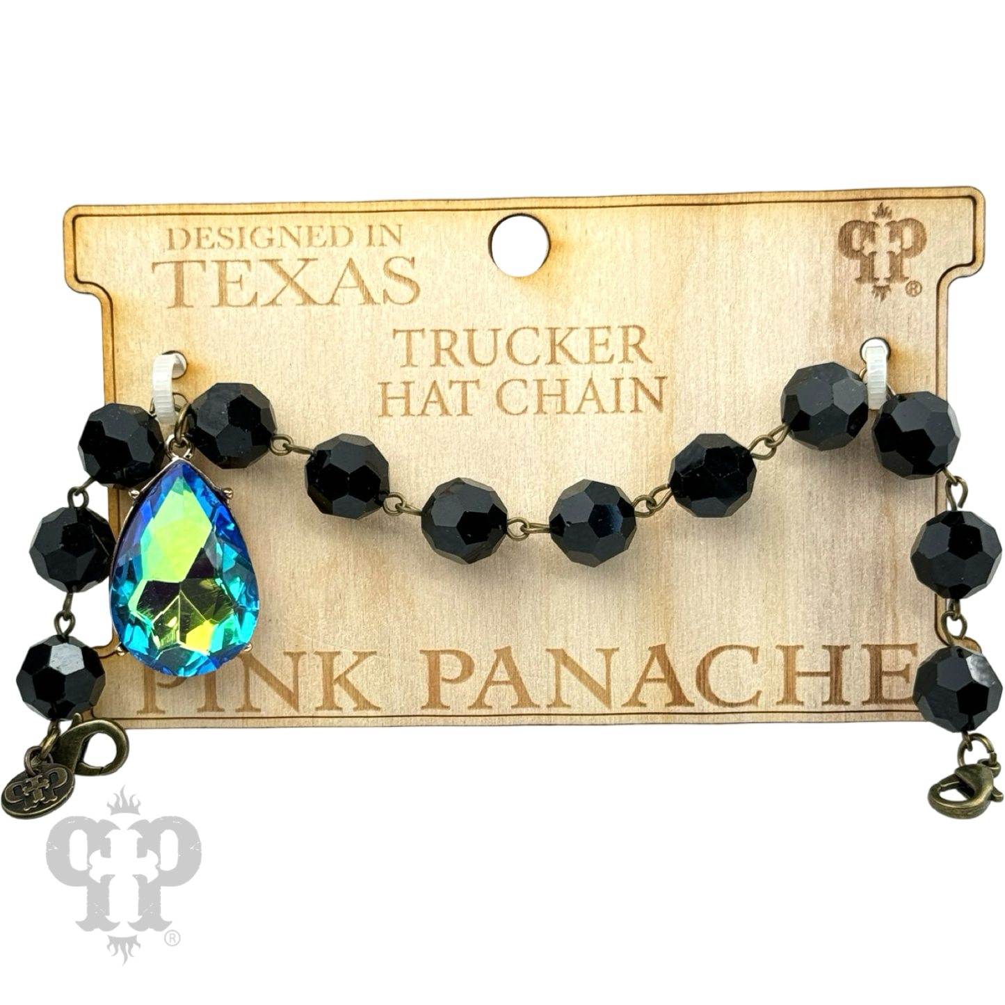 Trucker hat bead chain with large rhinestone teardrop