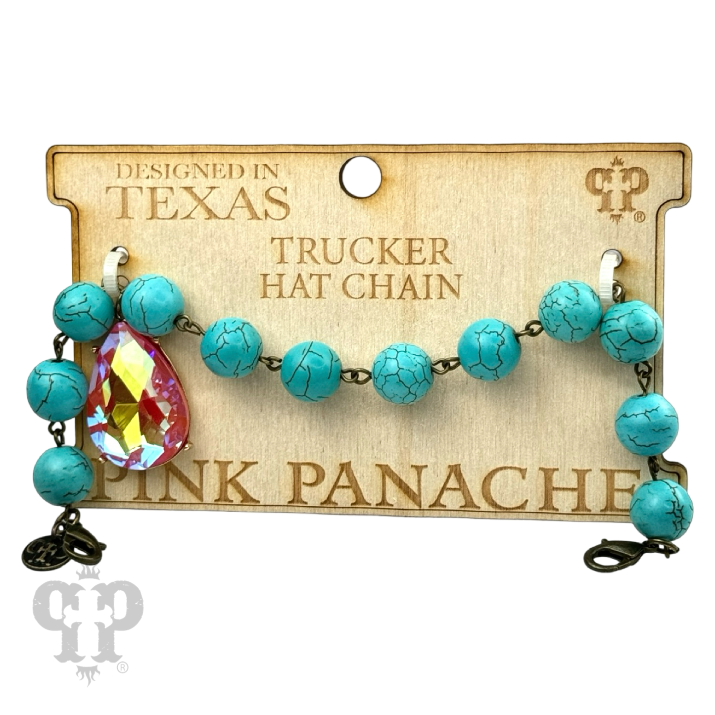 Trucker hat bead chain with large rhinestone teardrop