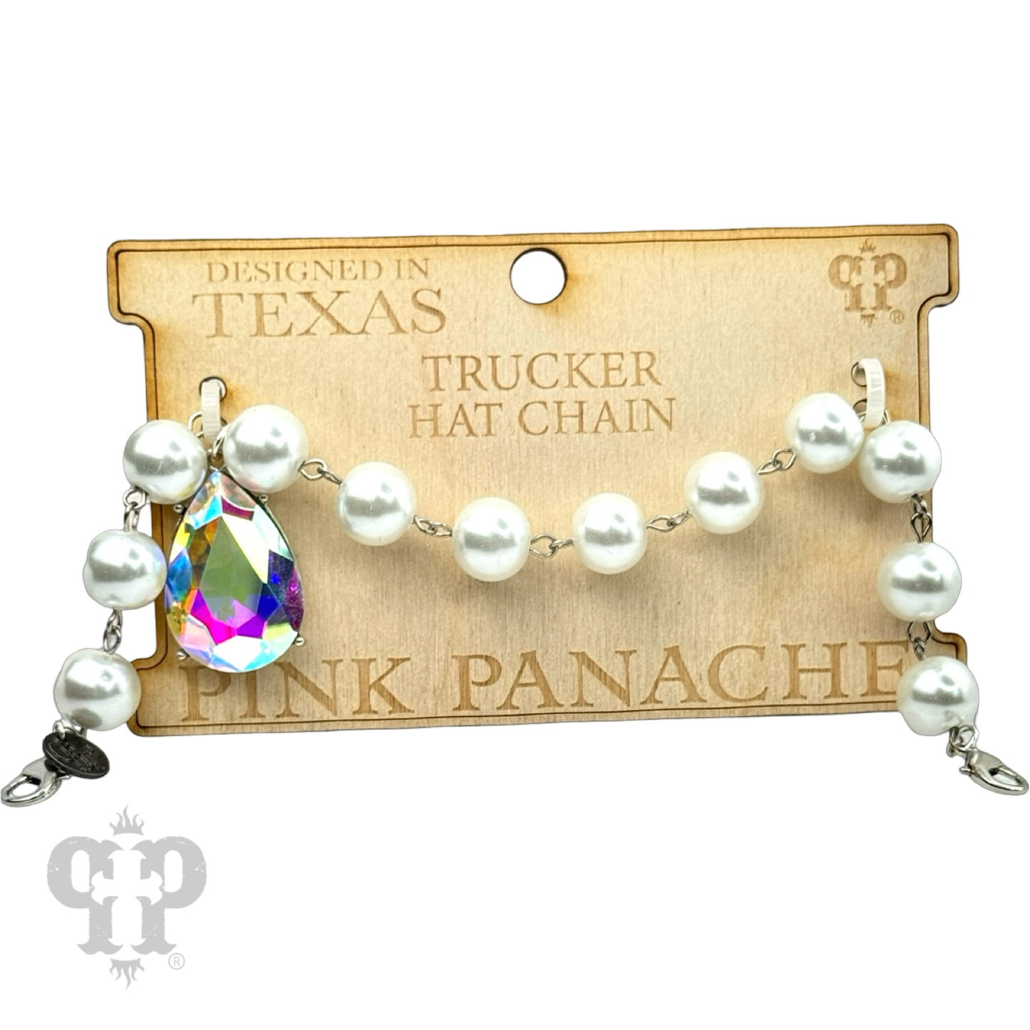 Trucker hat bead chain with large rhinestone teardrop