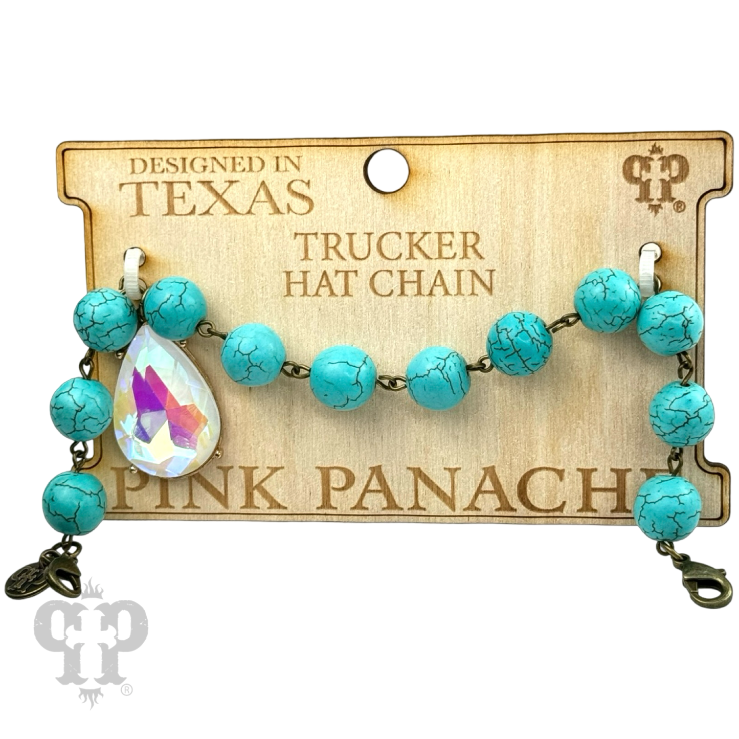 Trucker hat bead chain with large rhinestone teardrop
