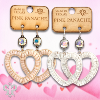 Raffia and bead heart earring, Austrian crystal
