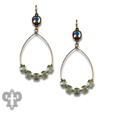 Square iridescent finish bead teardrop earring with Austrian crystal