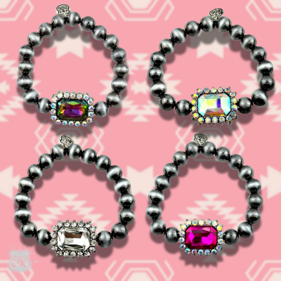 Navajo style burnished beaded bracelet, rhinestone charm