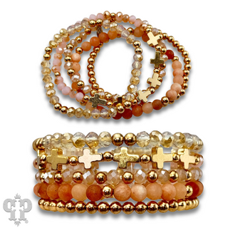 Five strand stone and gold cross bracelet set
