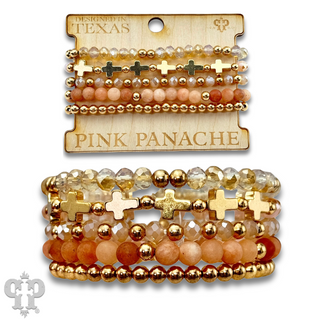 Five strand stone and gold cross bracelet set