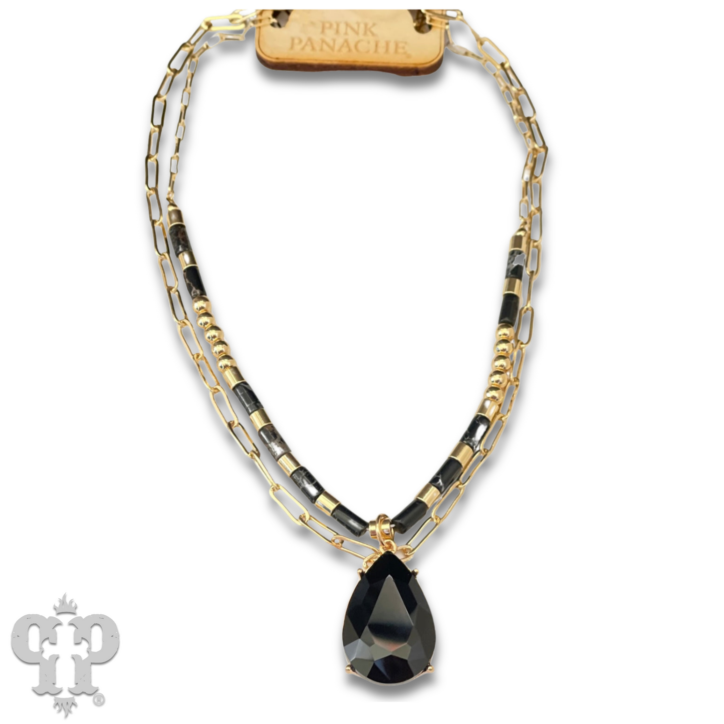 Large rhinestone teardrop and natural stone necklace