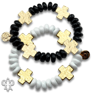 Gold cross and black beaded bracelet