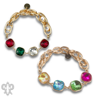 Square colorful rhinestone and stretch gold tone bracelet