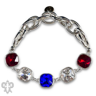 Square multi-color rhinestone and stretch gold tone curvy bracelet