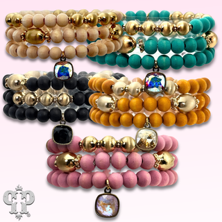 Wood and gold bead bracelet set with Austrian crystal