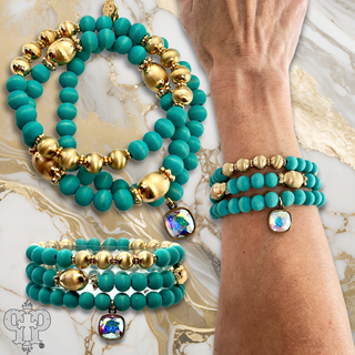 Wood and gold bead bracelet set with Austrian crystal