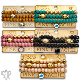 Wood and gold bead bracelet set with Austrian crystal