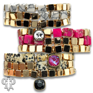Square stone and gold bead bracelet set with Austrian crystal - LC