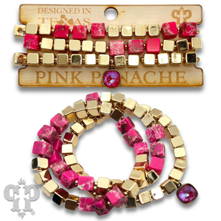 Square stone and gold bead bracelet set with Austrian crystal - LC