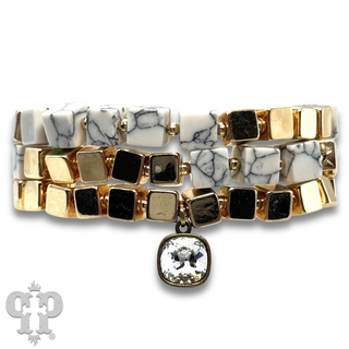 Square stone and gold bead bracelet set with Austrian crystal - LC