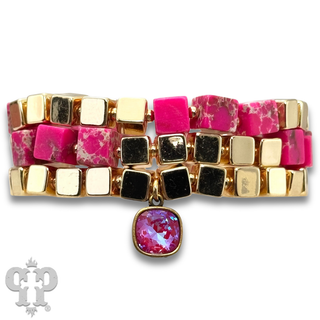 Square stone and gold bead bracelet set with Austrian crystal - LC