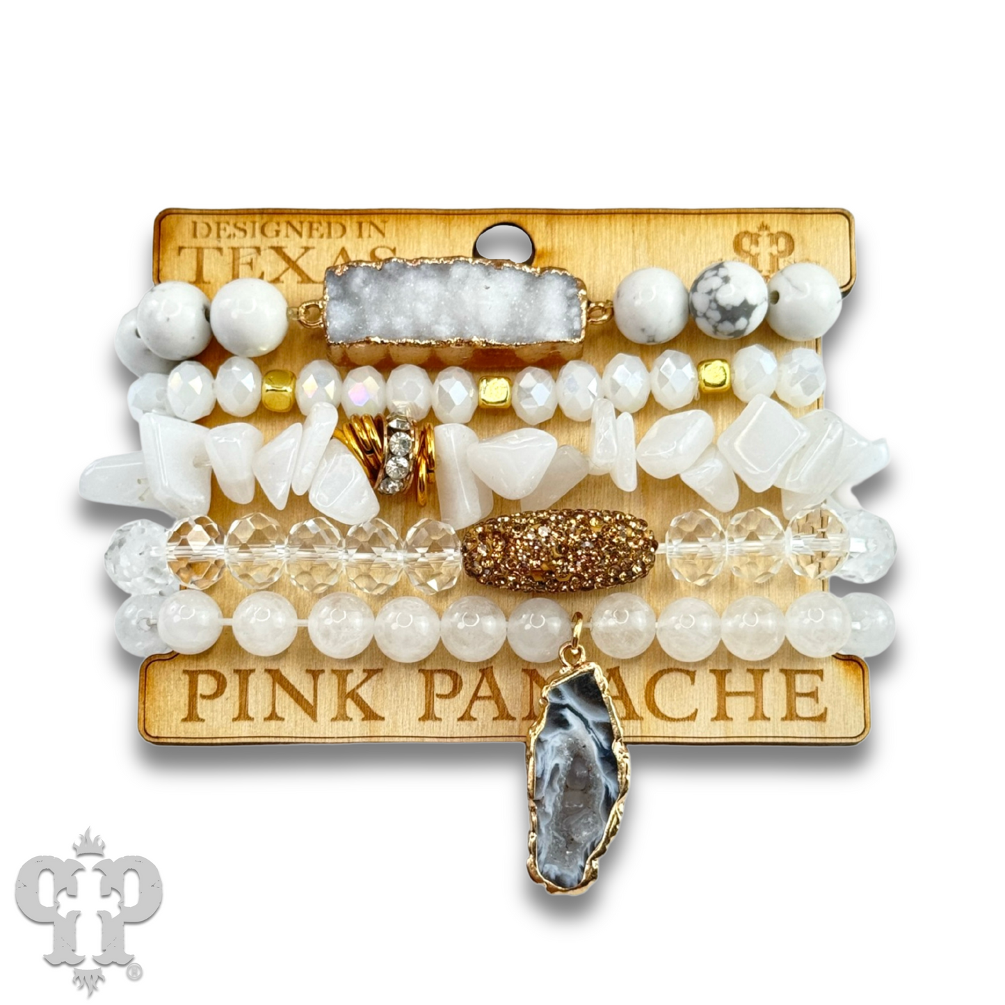 Mixed stone and crystal bead bracelet with druzy charm