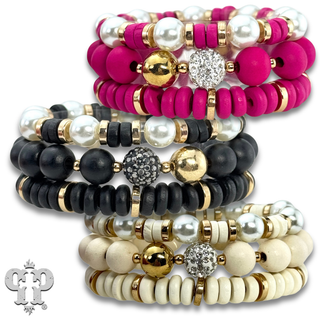 Round and disc shape wood bead bracelet stack - LC