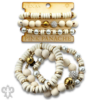 Round and disc shape wood bead bracelet stack - LC