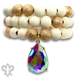 Large wood and foil texture bead bracelet stack with rhinestone charm - LC