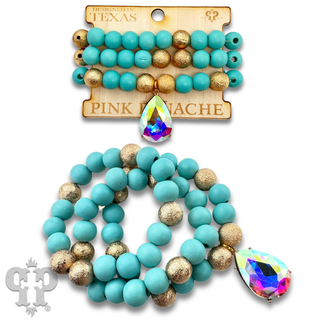 Large wood and foil texture bead bracelet stack with rhinestone charm - LC