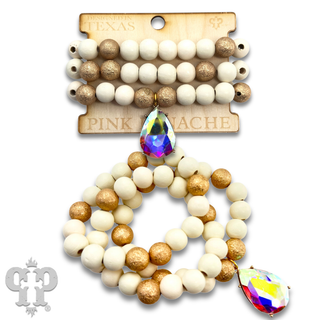 Large wood and foil texture bead bracelet stack with rhinestone charm - LC