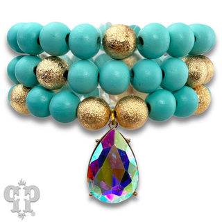 Large wood and foil texture bead bracelet stack with rhinestone charm - LC