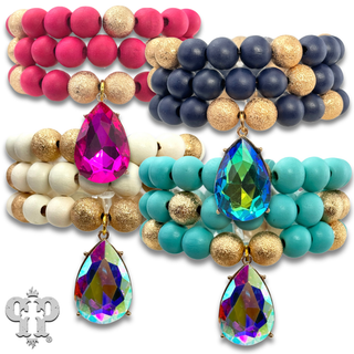 Large wood and foil texture bead bracelet stack with rhinestone charm - LC