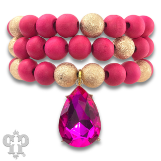 Large wood and foil texture bead bracelet stack with rhinestone charm - LC