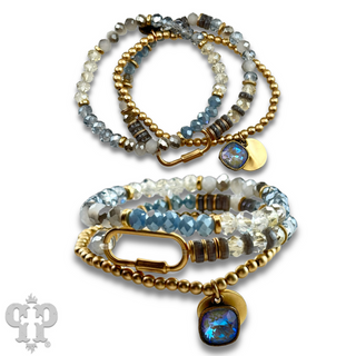 Three strand bracelet stack with screw lock charm and Austrian crystal