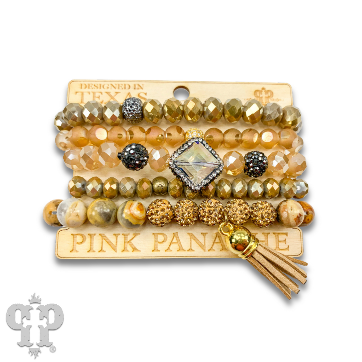 Five strand bead bracelet stack with charms