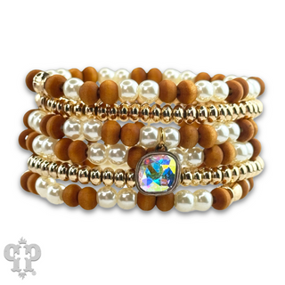 Wood and pearl bead bracelet with Austrian crystal