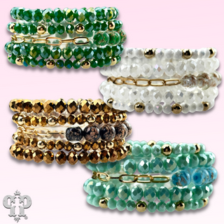 Five strand faceted bead and glitter glass bracelet
