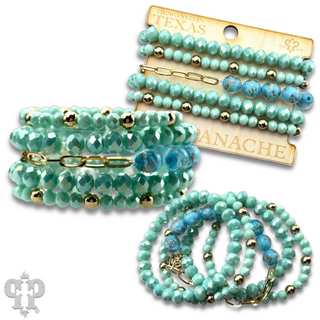 Five strand faceted bead and glitter glass bracelet