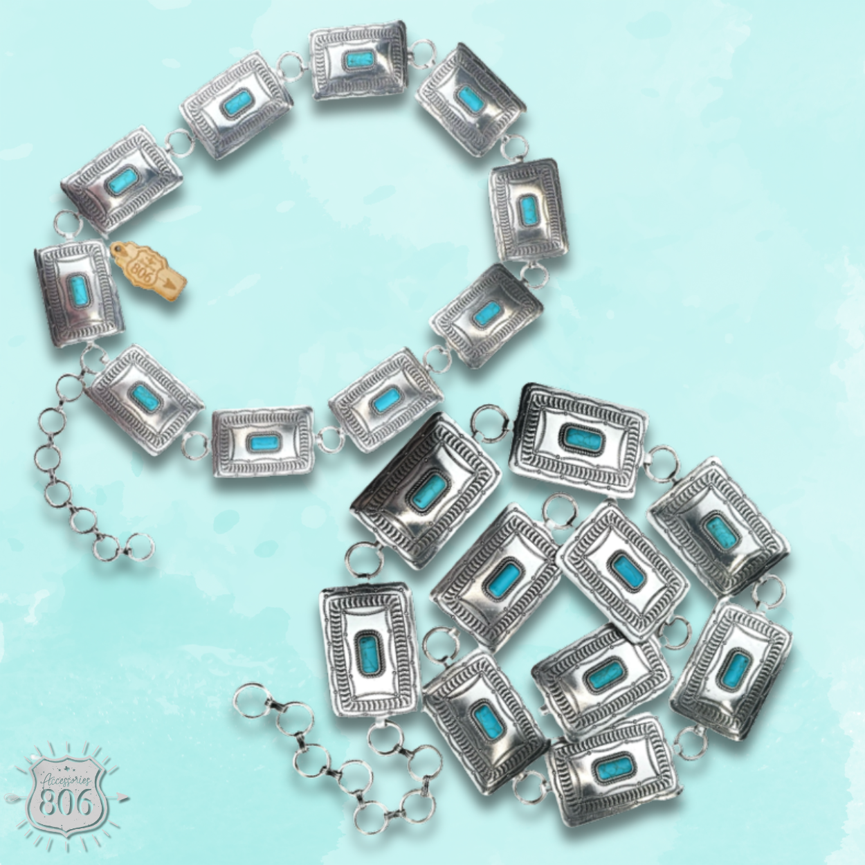 Western rectangle concho belt with stones