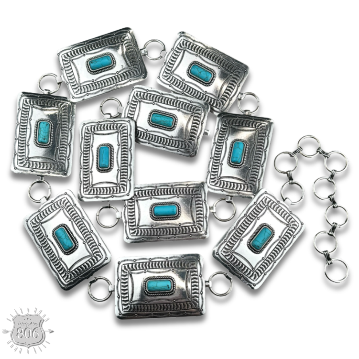 Western rectangle concho belt with stones