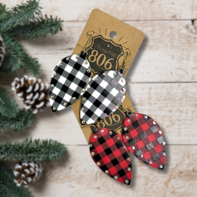 Embellished buffalo plaid print drop earring, last call