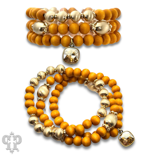 Wood and gold bead bracelet set with Austrian crystal