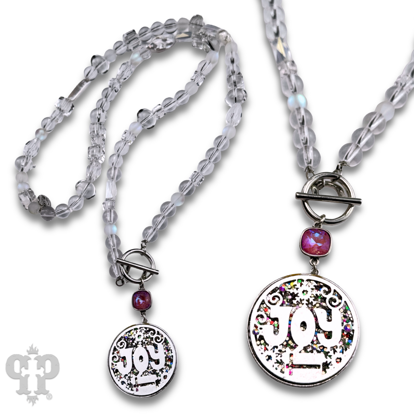 Clear bead necklace with JOY pendant and Austrian crystal