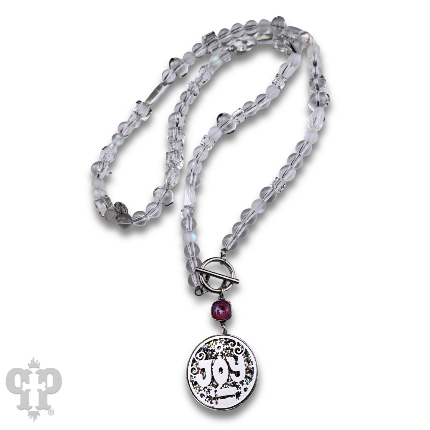 Clear bead necklace with JOY pendant and Austrian crystal